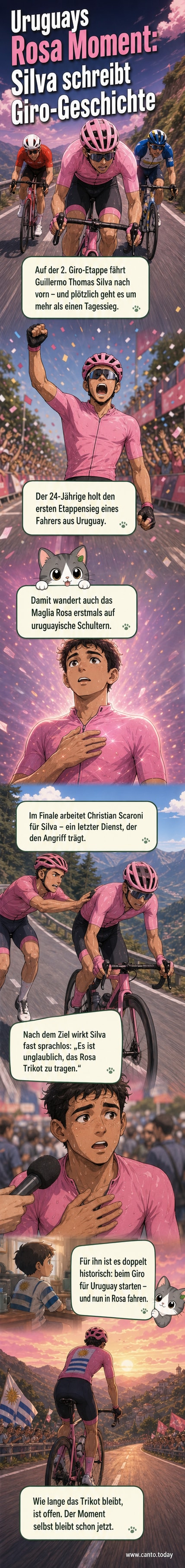 Guillermo Thomas Silva im rosa Trikot des Gesamtführenden des Giro d’Italia, jubelnd auf dem Podium, umgeben von Fotografen und Teammitgliedern.