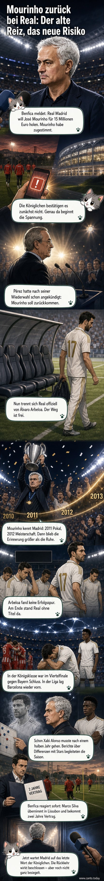 Illustration von José Mourinho in Real-Madrid-Trikotfarben, mit Blick auf das Stadion, während im Hintergrund die Skyline von Madrid und das Wappen des Vereins zu sehen sind.