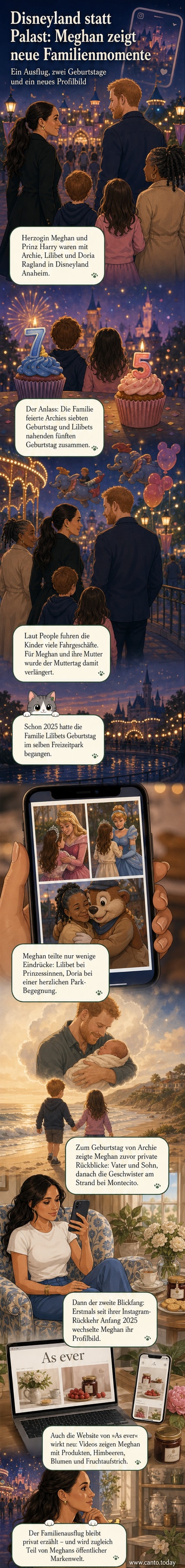 Herzogin Meghan und Prinz Harry mit ihren Kindern und Meghans Mutter Doria Ragland im Disneyland Anaheim, umgeben von Disney-Charakteren wie Micky Maus und Cinderella.