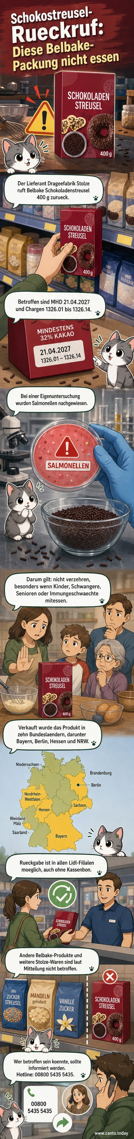 Verpackung der Belbake Schokoladenstreusel mit Warnhinweis zum Rückruf wegen Salmonellen