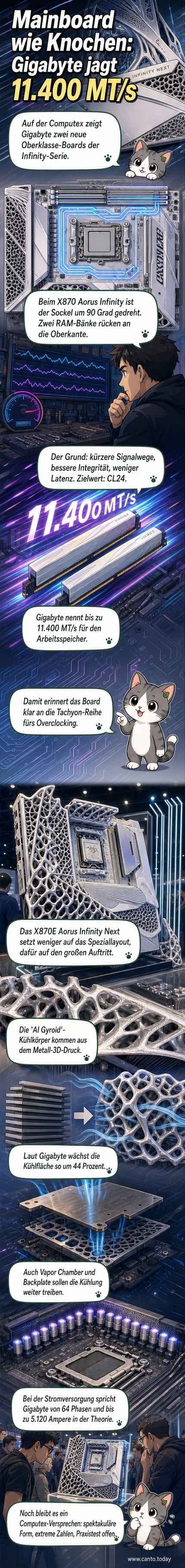 Zwei Aorus Infinity-Mainboards mit organisch geformten, 3D-gedruckten Kühlkörpern auf dunklem Hintergrund, im Sci-Fi-Stil beleuchtet