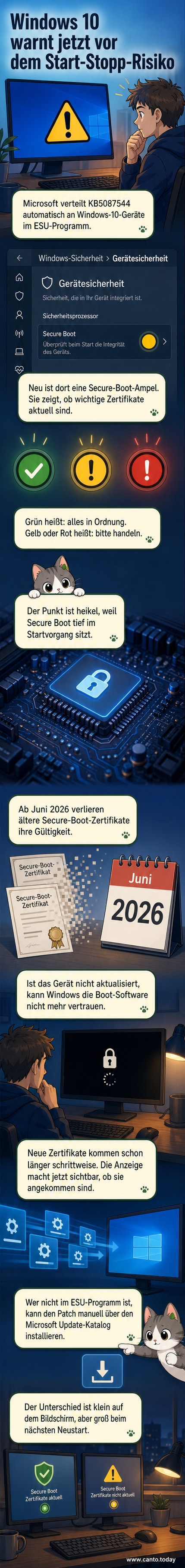 Ein Smartphone zeigt die neue Secure-Boot-Anzeige in der Windows-Sicherheit-App: grün für sicher, gelb oder rot bei Problem.