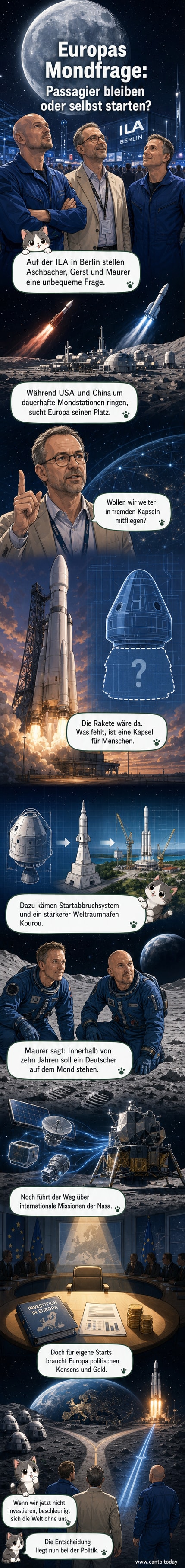 Drei Raumfahrtexperten vor einer Mond-Diagramm-Anzeige auf der ILA in Berlin, umgeben von Raumfahrtmodellen und Zuschauern.