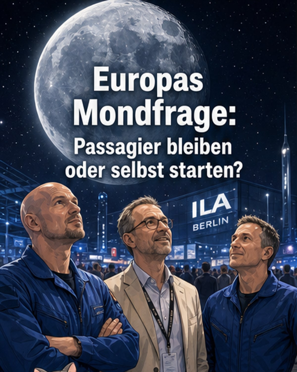 Drei Raumfahrtexperten vor einer Mond-Diagramm-Anzeige auf der ILA in Berlin, umgeben von Raumfahrtmodellen und Zuschauern.