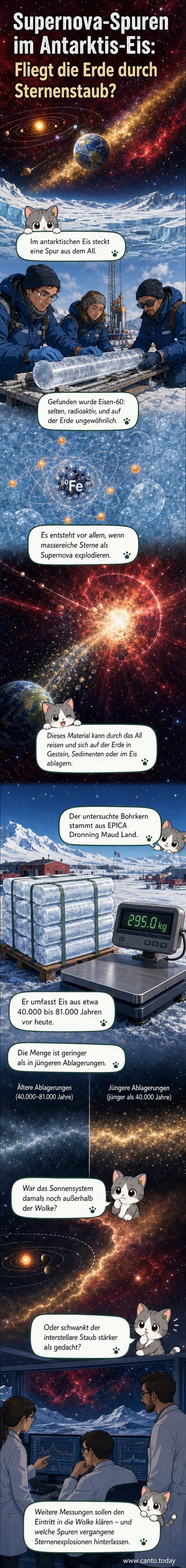 Künstlerische Darstellung einer Supernova-Explosion mit ausbreitenden Staubwolken, durch die die Erde auf ihrer Bahn hindurchfliegt, im Vordergrund Eisbohrkern aus der Antarktis mit markierten Eisen-60-Spuren.