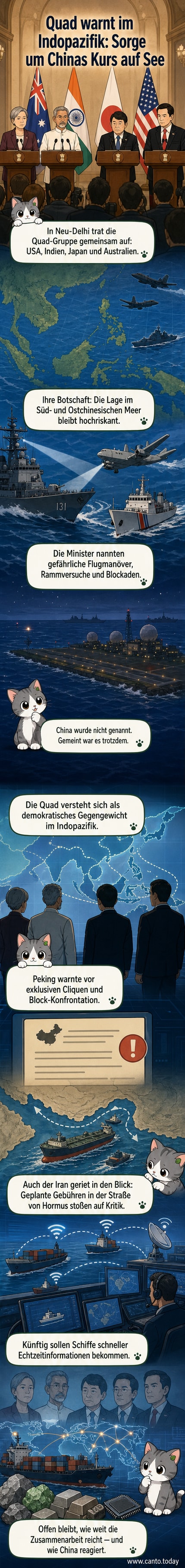 Vier Hände – symbolisch für USA, Indien, Japan und Australien – umschließen gemeinsam eine Karte des Südchinesischen Meers, während ein Schatten im Hintergrund chinesische Ansprüche andeutet.