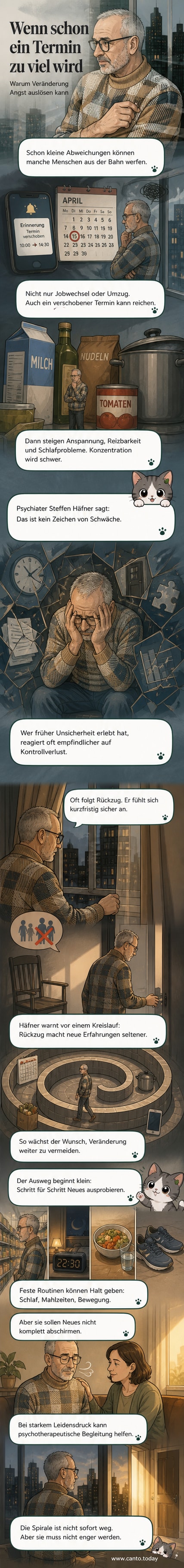 Eine Person sitzt allein in einem dunklen Raum, umgeben von vertrauten Gegenständen, während draußen ein neues, helles Szenario auf sie wartet.