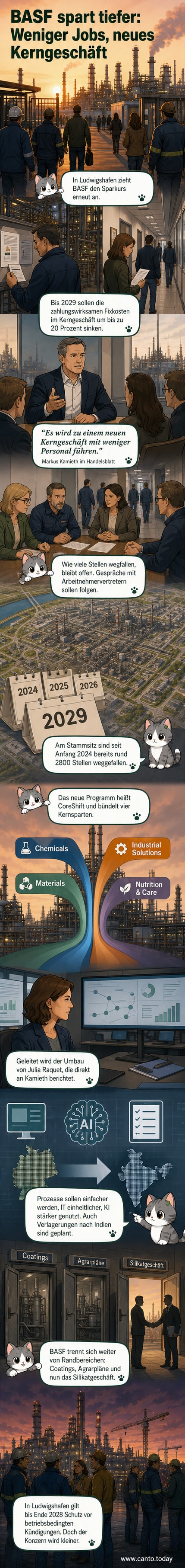 Abstrakte Darstellung eines Chemieunternehmens mit reduzierten Personalsilhouetten und fallenden Kostenkurven, symbolisierend den Sparkurs der BASF.