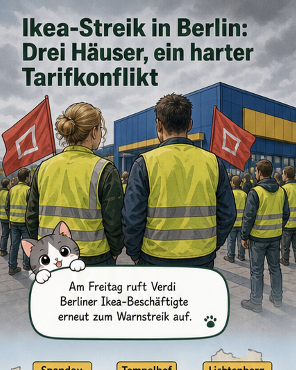 Demonstranten vor einer Ikea-Filiale in Berlin mit Schildern und Transparenten während eines Warnstreiks