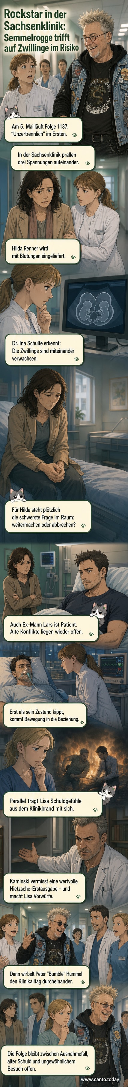Illustration: Ein rockig angehauchter Mann mit Gitarre im Krankenhausflur, während Ärzt:innen im Hintergrund überrascht schauen. Im OP-Bereich daneben wird eine komplizierte Ultraschalluntersuchung gezeigt.