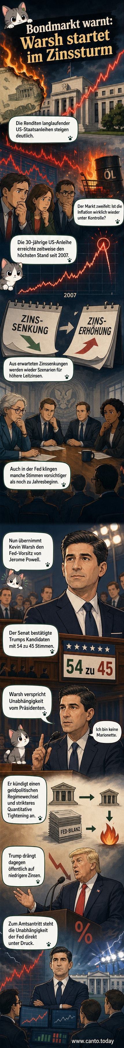 Illustration eines angespannten Treffens zwischen einem Notenbanker, einem Politiker und einem Investor, umgeben von steigenden Zinskurven und fallenden Aktienkursen.