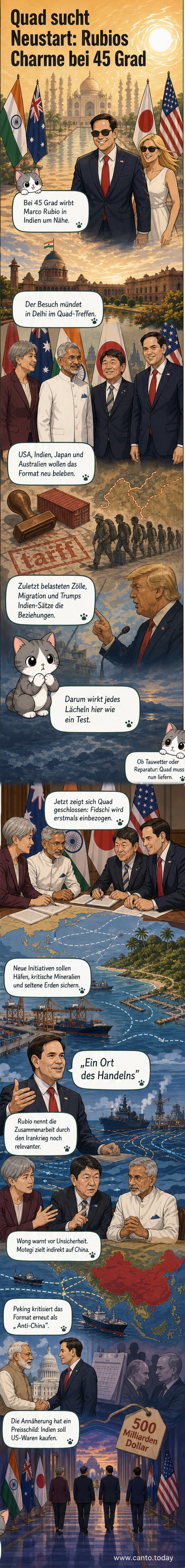Vier Außenminister stehen vor einem globusartigen Hintergrund, umgeben von Symbolen für Schifffahrt, Energie und Sicherheit.