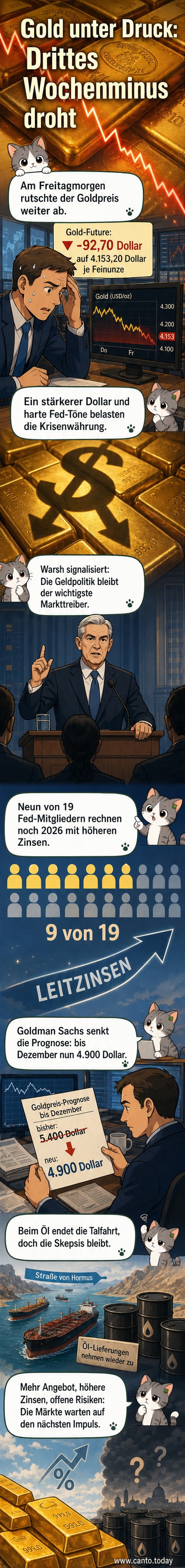 Grafik mit fallendem Goldpreis und steigendem US-Dollar, begleitet von Symbolen für die Fed und geopolitische Spannungen im Nahen Osten.