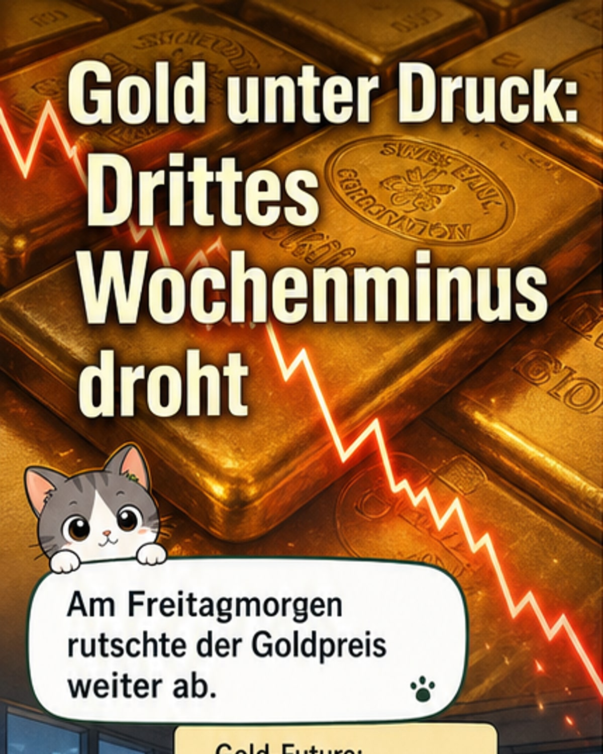 Grafik mit fallendem Goldpreis und steigendem US-Dollar, begleitet von Symbolen für die Fed und geopolitische Spannungen im Nahen Osten.