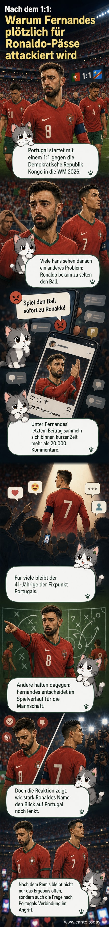 Illustration: Ein verärgert blickender Cristiano Ronaldo auf dem Spielfeld, während Bruno Fernandes im Hintergrund den Ball kontrolliert, ohne ihn anzuspielen.