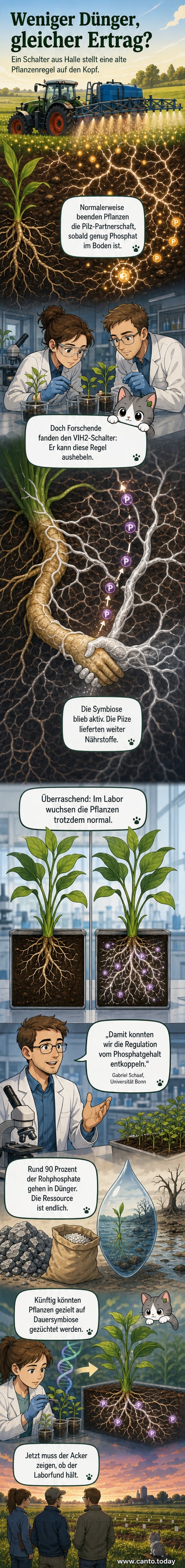 Illustration einer Pflanze mit Wurzeln, die sich mit feinen Pilzfäden im Boden verbinden, während Düngerflaschen im Hintergrund verblassen.