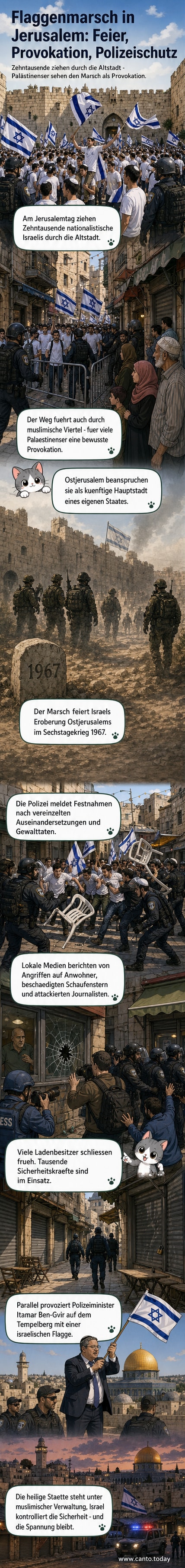 Eine Menschenmenge marschiert mit israelischen Flaggen durch enge Gassen der Jerusalemer Altstadt, umgeben von Polizei und geschlossenen Läden.