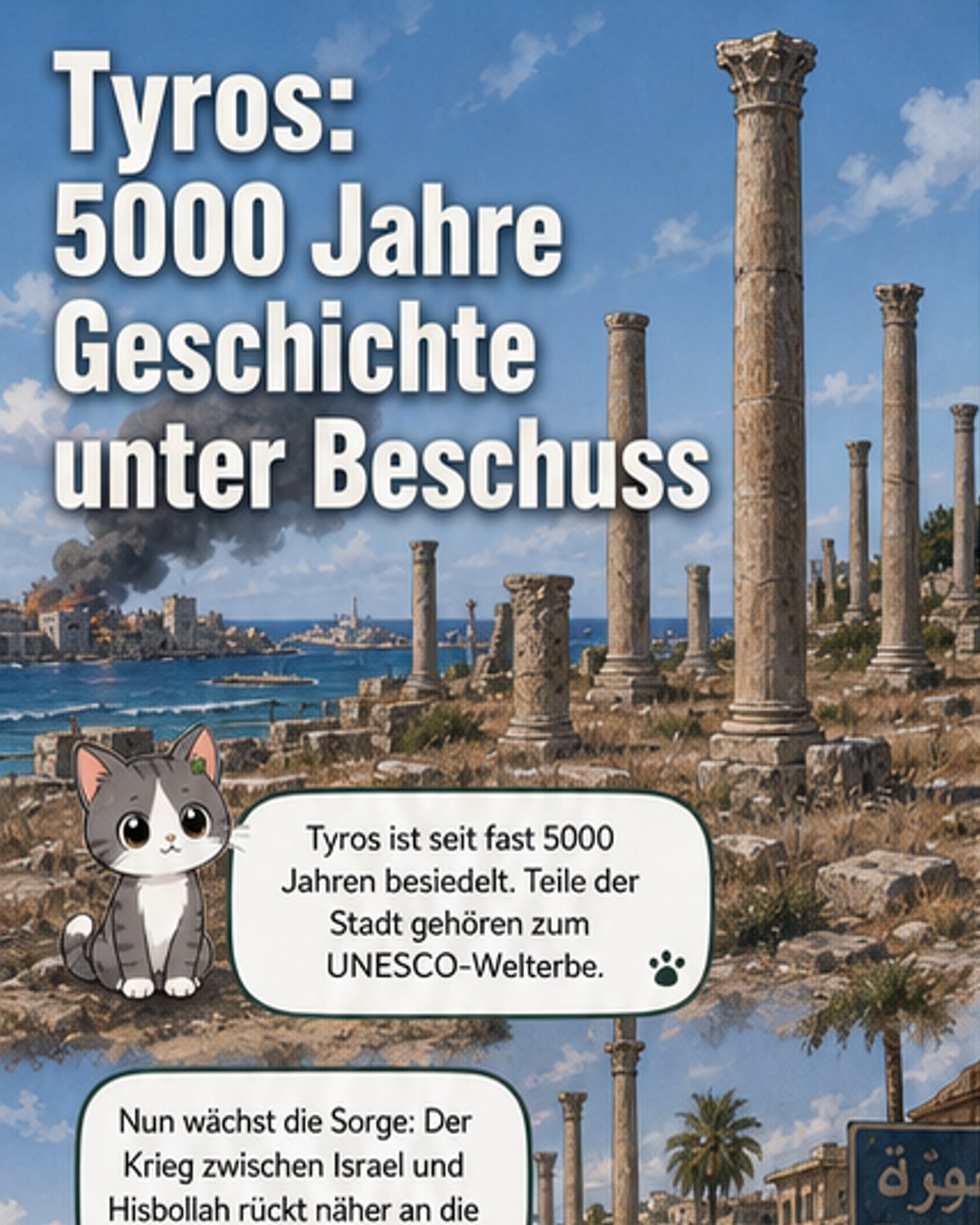 Ruinen einer antiken Stadt am Mittelmeerstrand, umgeben von Schutt und Trümmern, mit zerfallenen Säulen und kaputten Kapitellen.