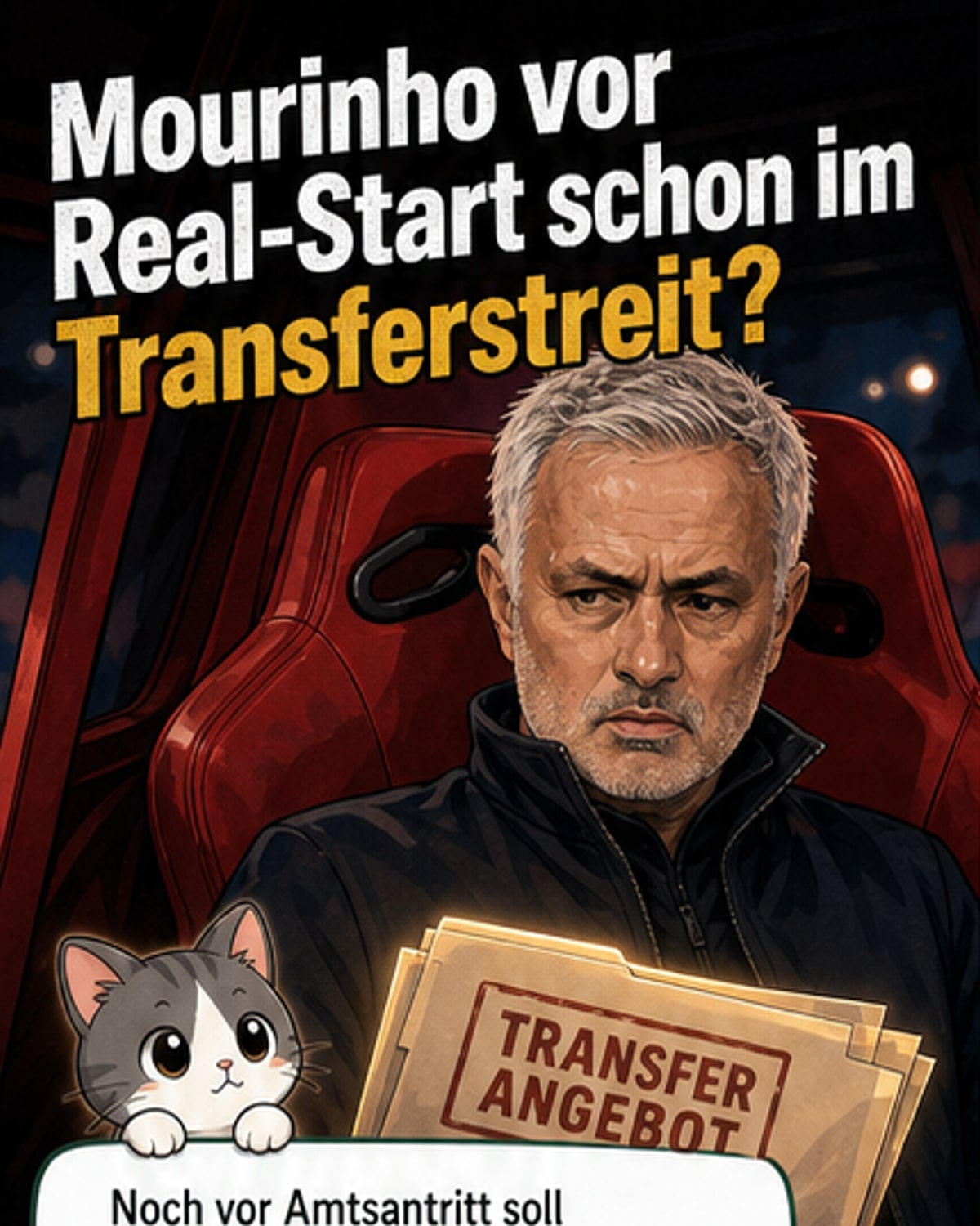 Illustration von José Mourinho mit finsterem Blick vor dem Real-Madrid-Wappen, im Hintergrund ein Fußballspieler mit dem Namen Álvarez.