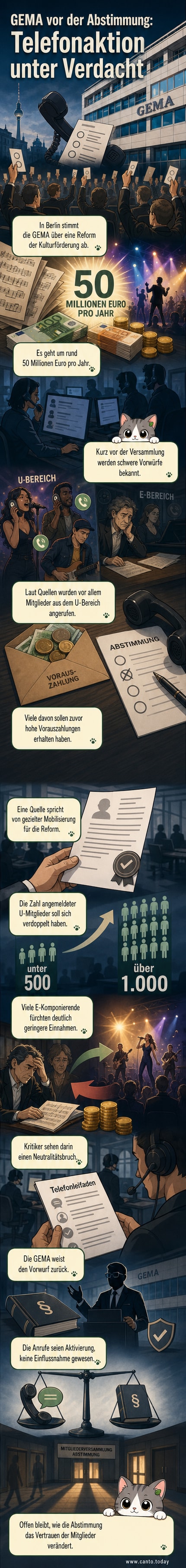 Illustration einer Telefonkonferenz mit Musiknoten, wo einige Musiker angerufen werden, während andere im Hintergrund ausgeschlossen wirken – symbolisiert die Vorwürfe der selektiven Mobilisierung vor der GEMA-Abstimmung.