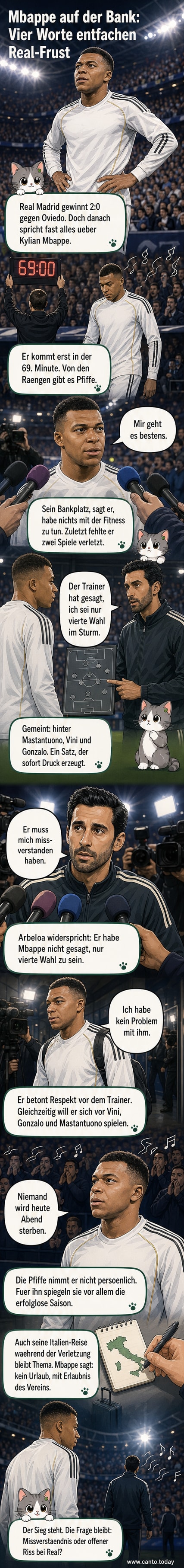Kylian Mbappé steht frustriert auf dem Spielfeld, während Fans pfeifen und Trainer Álvaro Arbeloa im Hintergrund zu sehen ist.