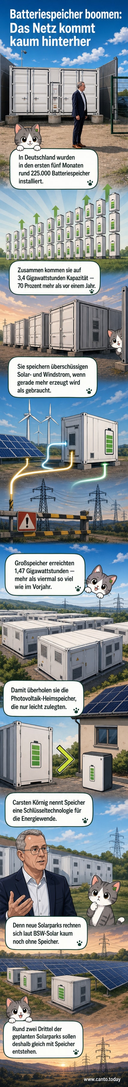 Illustration einer deutschen Landschaft mit Solarparks und großen Batteriespeichern, die überschüssige Energie speichern.
