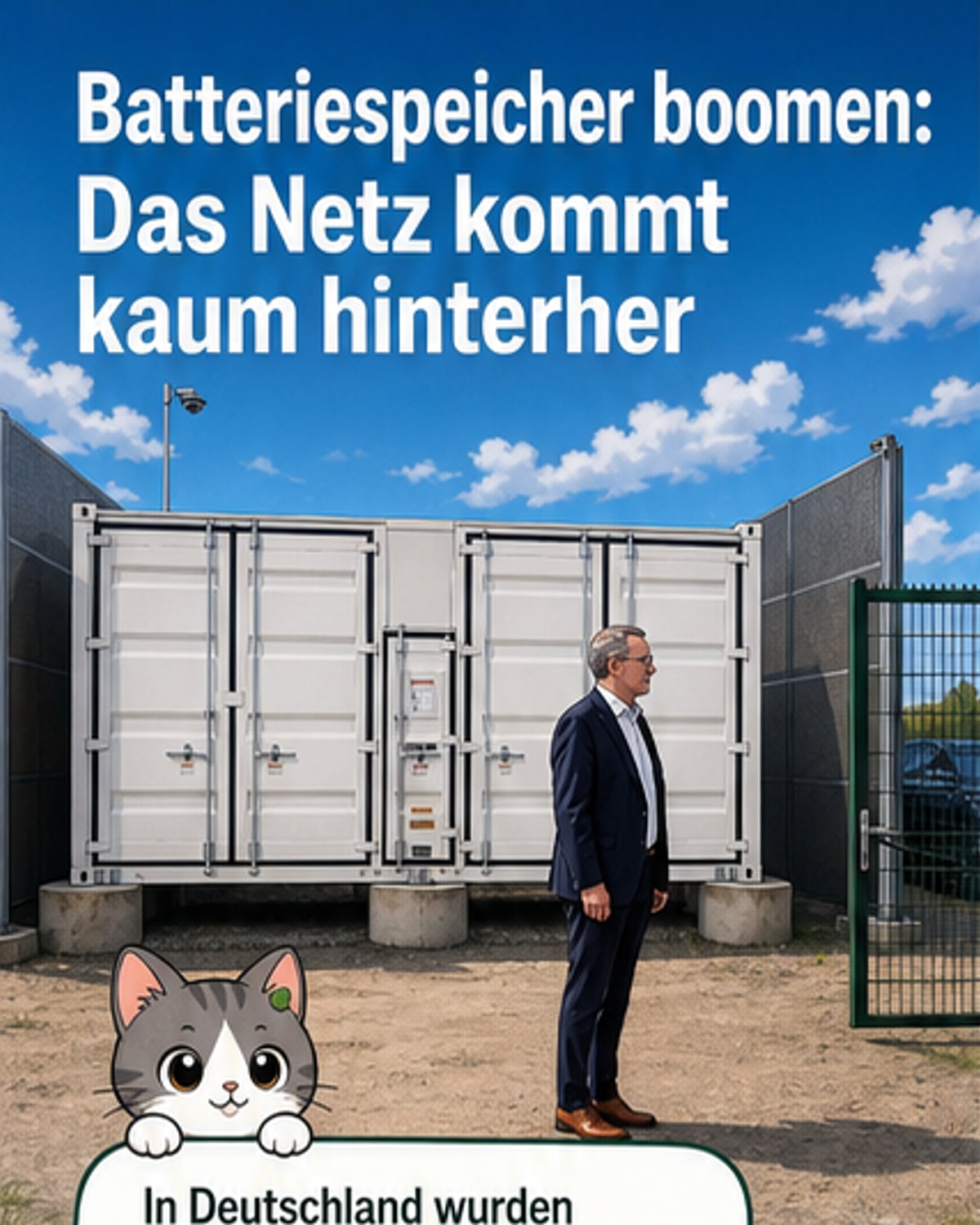 Illustration einer deutschen Landschaft mit Solarparks und großen Batteriespeichern, die überschüssige Energie speichern.