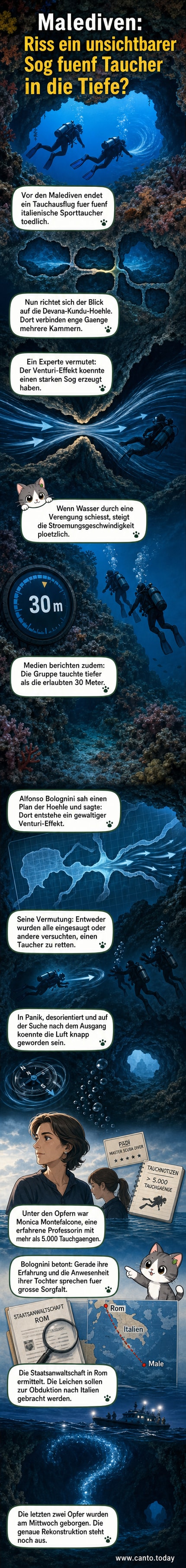 Symbolbild eines Tauchers unter Wasser vor einer felsigen Küste, mit trübem Licht und Blasen – veranschaulicht das Tauchunglück auf den Malediven.