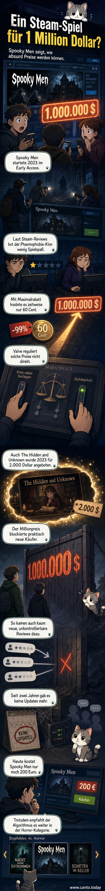 Ein düsteres, verpixeltes Horror-Spiel mit dem Titel 'Spooky Men' wird auf einem Laptop angezeigt, daneben ein Preisschild mit '1.000.000 $'.