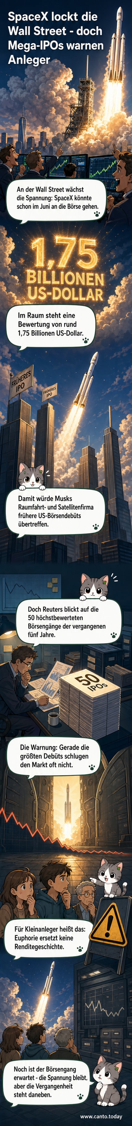 Illustration eines Raketenstarts mit Börsenkurs-Diagramm im Hintergrund, symbolisiert den anstehenden SpaceX-IPO