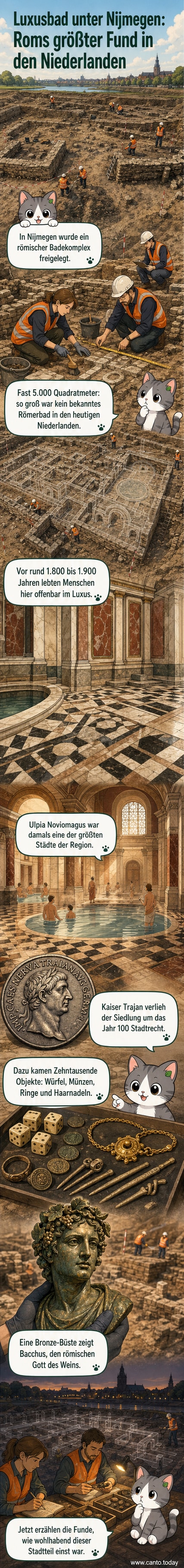 Rekonstruktion eines römischen Badehauses mit Marmorwänden und Mosaikboden, daneben archäologische Fundstücke wie eine Bronzestatue und Münzen.