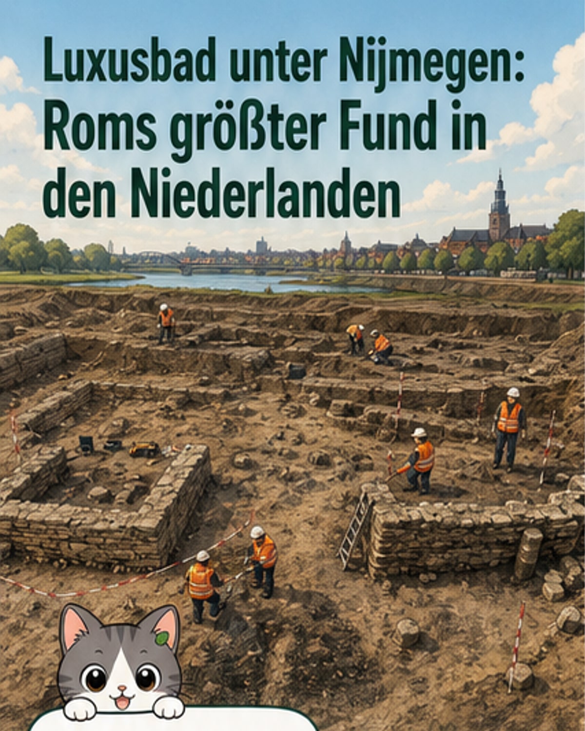 Rekonstruktion eines römischen Badehauses mit Marmorwänden und Mosaikboden, daneben archäologische Fundstücke wie eine Bronzestatue und Münzen.