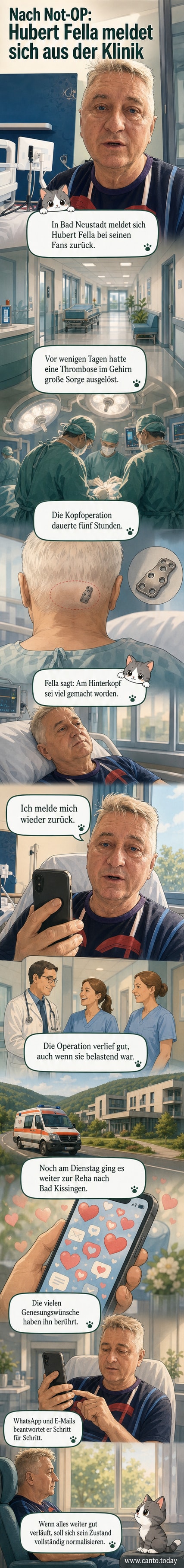 Hubert Fella im Krankenhaus, spricht vor Smartphone-Kamera, Hintergrund mit medizinischem Equipment.