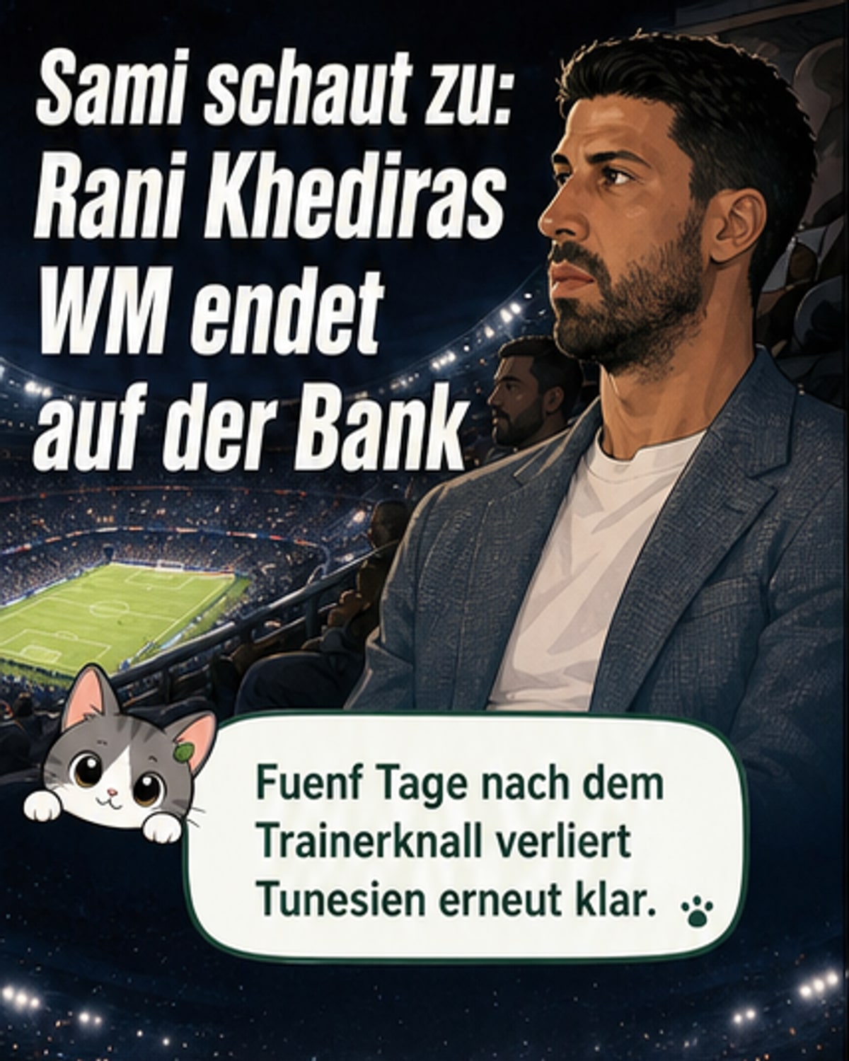 Rani Khedira im Trikot von Tunesien steht vor dem Anpfiff gegen Japan, im Hintergrund Zuschauer und Stadionbanner.