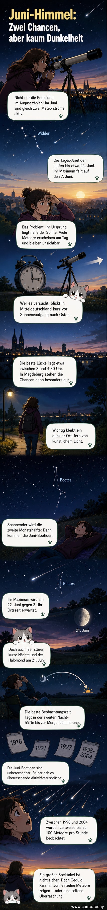 Nachtansicht des Himmels über Mitteldeutschland mit eingezeichneten Meteorbahnen der Juni-Bootiden und dem Sternbild Bootes