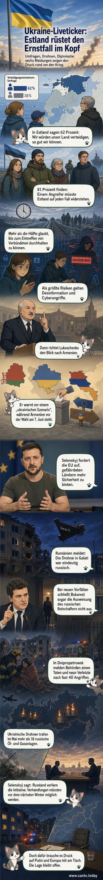 Illustration eines besorgten Politikers, der auf eine Karte des Kaukasus zeigt, während im Hintergrund Symbole für EU und Eurasische Union kontrastieren.