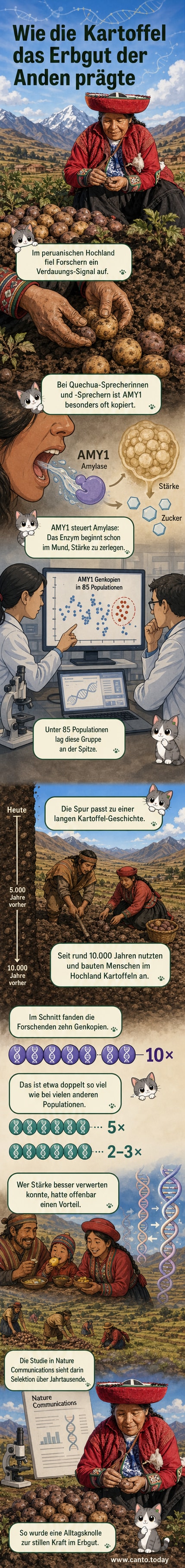 Eine illustrierte Szene in den peruanischen Anden: Eine Familie isst Kartoffeln am Tisch, während im Hintergrund ein historischer Acker mit traditionellen Anbaumethoden zu sehen ist. Über der Szene schwebt eine vereinfachte Darstellung der menschlichen DNA mit hervorgehobenen AMY1-Genabschnitten.