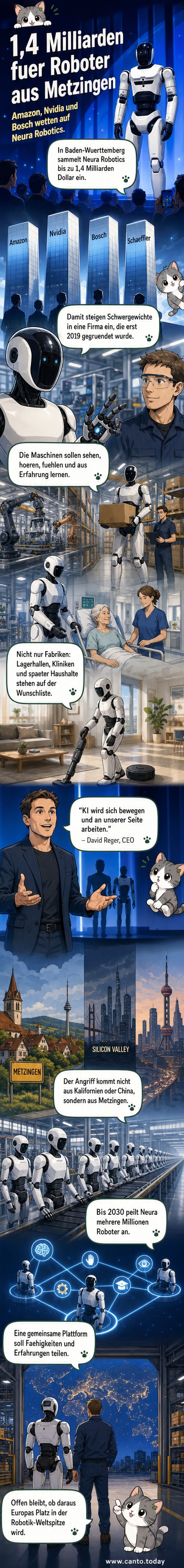 Ein humanoider Roboter von Neura Robotics steht in einer modernen Halle, dahinter Logos von Amazon, Nvidia und Bosch.