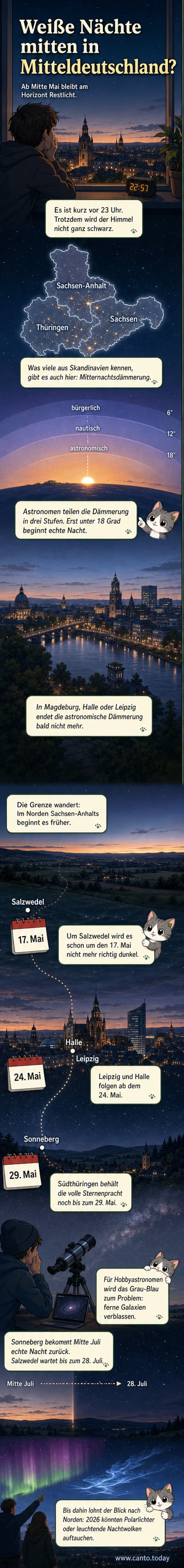 Nächtlicher Himmel über Mitteldeutschland mit diffuser Dämmerung, Sterne kaum sichtbar, Horizont leicht erhellt