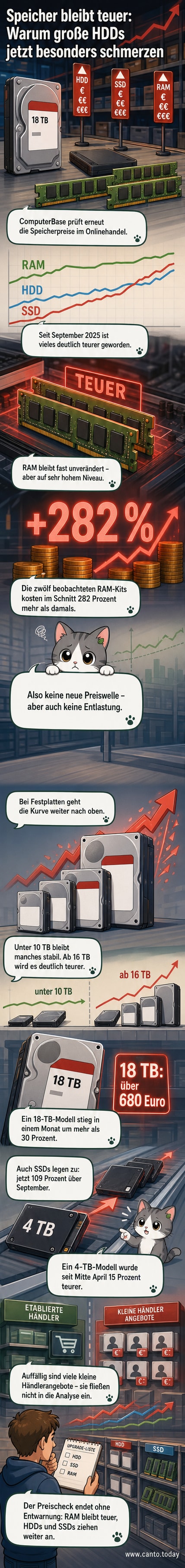 Ein Diagramm zeigt die Preisentwicklung von RAM, HDD und SSD von September 2025 bis Mai 2026: RAM stabil hoch, HDD und SSD deutlich steigend.