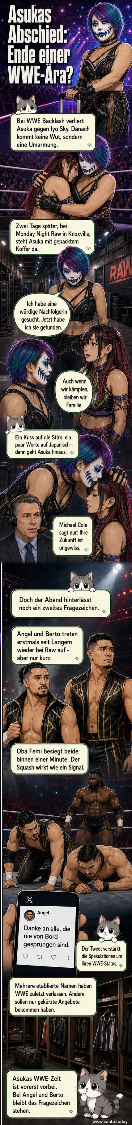 Asuka verlässt die Bühne bei WWE Raw, winkt mit einem Koffer, während Iyo Sky emotional reagiert.