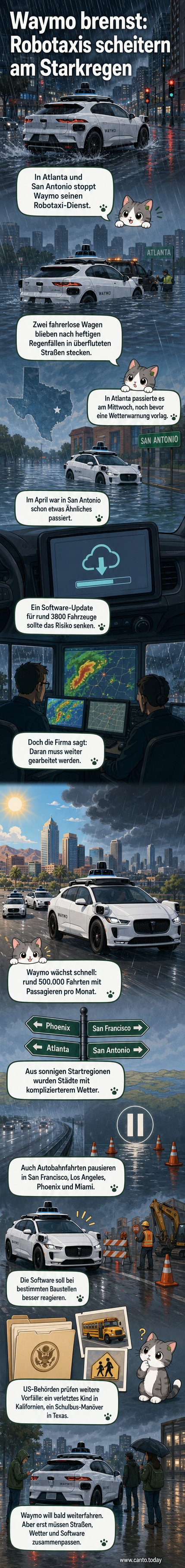 Ein Waymo-Robotaxi steht in einer überfluteten Straße, während Regenwolken den Himmel verdunkeln.