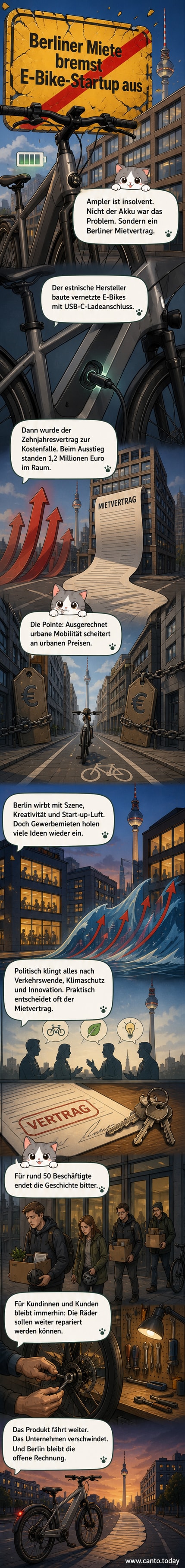 Ein modernes E-Bike steht vor einem Berliner Altbau, während ein Mietvertrag mit einer riesigen Summe im Hintergrund schwebt.