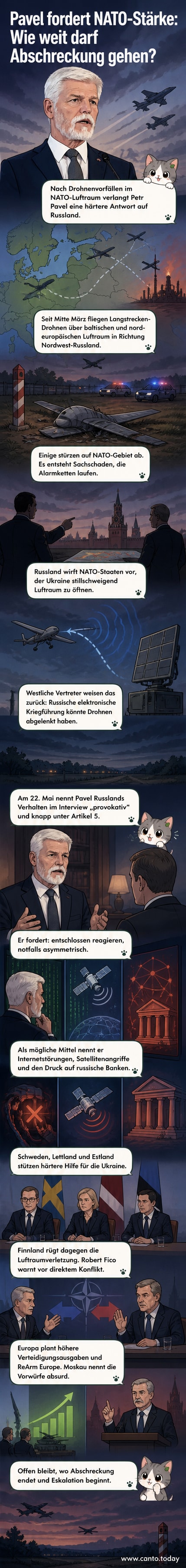 Illustration eines NATO-Soldaten, der vor einer Karte Europas steht, während russische und ukrainische Drohnen über der Ostsee fliegen – symbolisiert die wachsende Spannung an der Grenze.