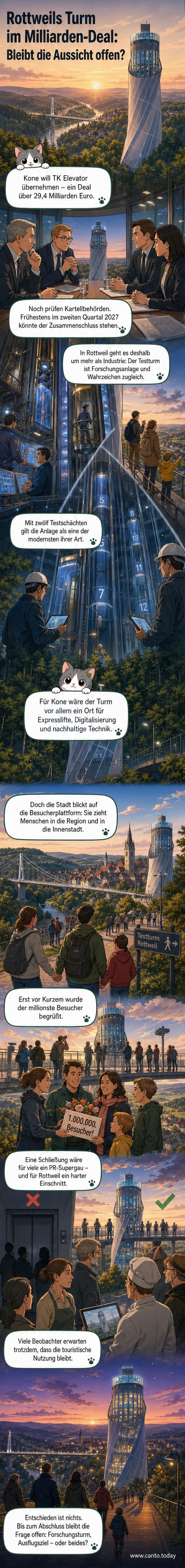 Der TK-Testturm in Rottweil mit Aussichtsplattform und Hängebrücke Neckarline im Vordergrund, umgeben von Wald und Stadt