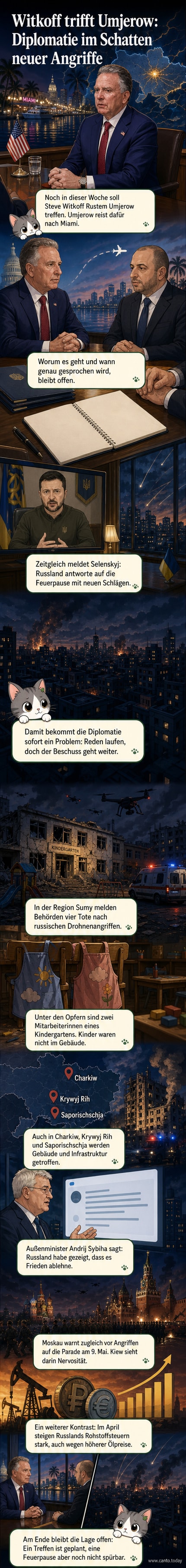 Illustration einer europäischen Geldüberweisung an die Ukraine, während im Hintergrund russische Drohnen über Städten fliegen und Explosionen zu sehen sind.