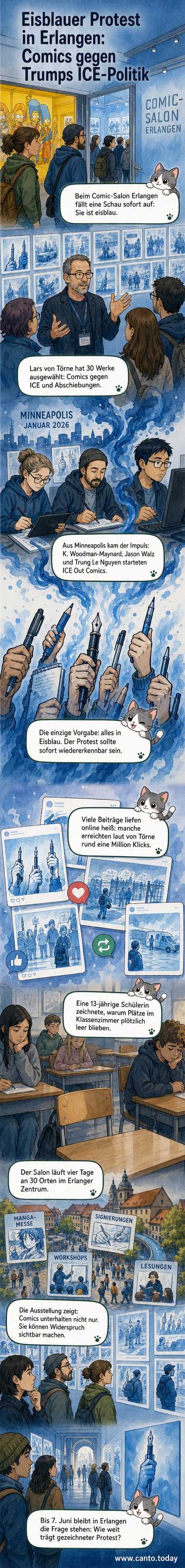 Eine Wand in eisblauem Licht mit ausgestellten Comics, die gegen die US-Abschiebepolitik und Trump protestieren.