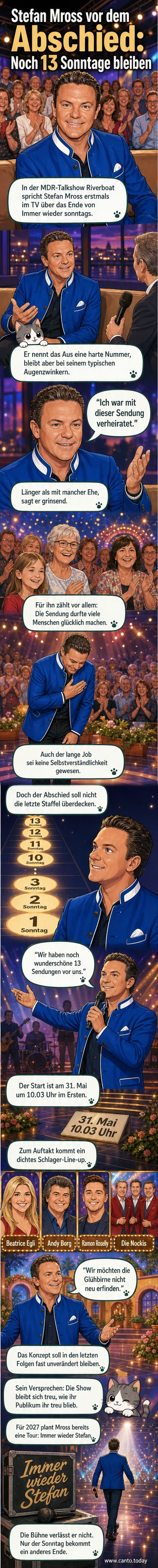 Stefan Mross lächelt vor einer bunt beleuchteten Bühne mit Mikrofon in der Hand, im Hintergrund Glitzerkulisse und das Logo von „Immer wieder sonntags“.