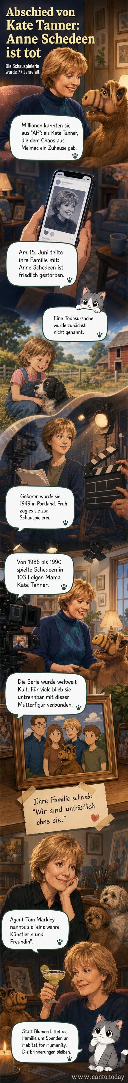 Anne Schedeen als Kate Tanner in der Serie „Alf“ mit Familie und dem pelzigen Außerirdischen im Wohnzimmer