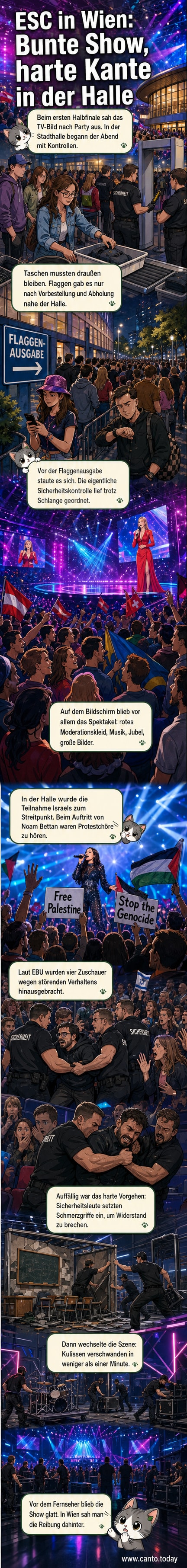 Zuschauer in der Wiener Stadthalle mit Sicherheitspersonal im Hintergrund, während Proteste gegen die israelische Teilnahme stattfinden.